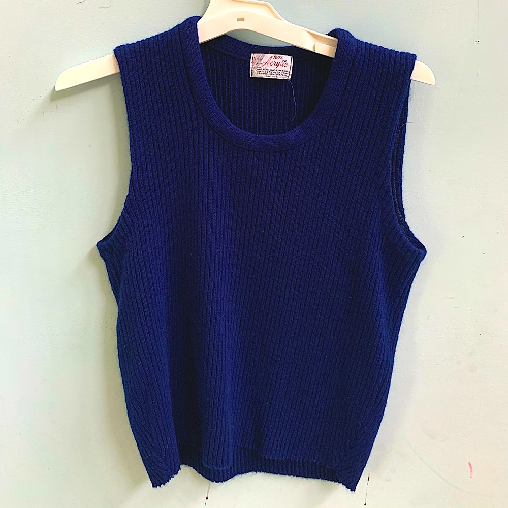A blue cotton knit style sleeveless sweater. 1970s early 80s era, great shape